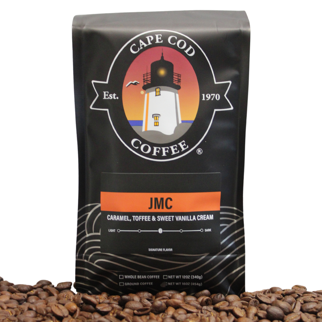 A coffee bag of coffee named JMC that is caramel, toffee, sweet vanilla cream flavored.