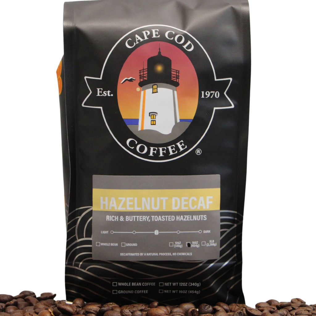 A bag of Hazelnut coffee that is decaf. Rich, buttery, toasted hazelnut flavor. 