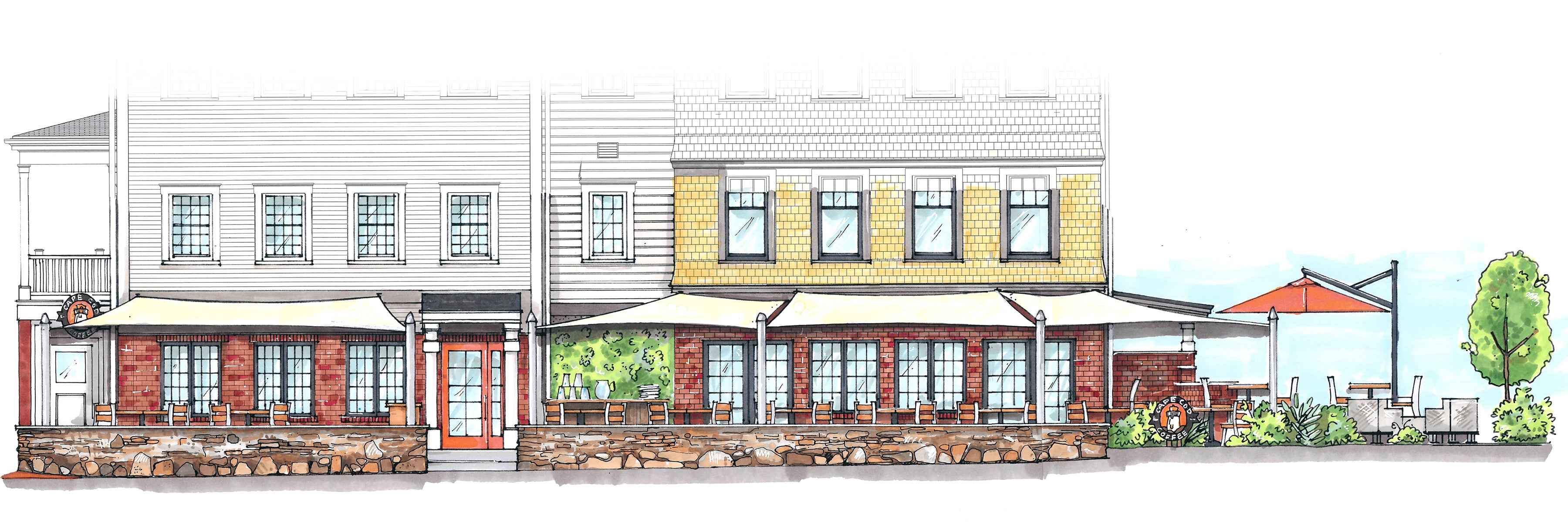 A detailed illustration of the Cape Cod Coffee Mashpee Commons location that is colorful.