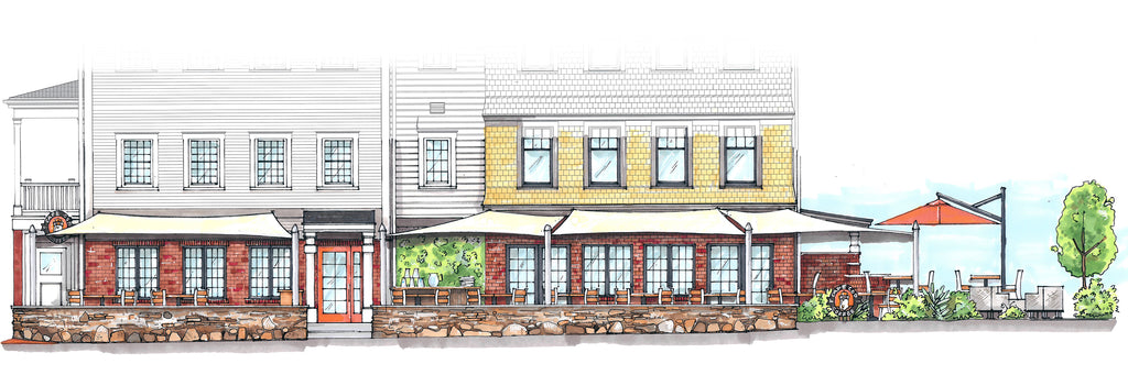 A detailed illustration of the Cape Cod Coffee Mashpee Commons location that is colorful.